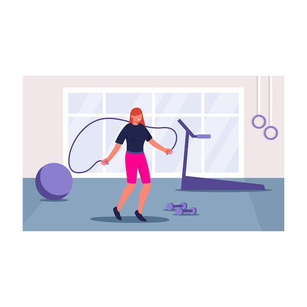 Chica en gimnasio saltando cuerda color gráfico vectorial 2d