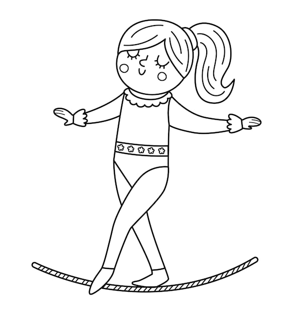 Chica gimnasta en blanco y negro vectorial con cuerda lindo acróbata divertido circo o artista deportivo clipart icono de línea de vacaciones de diversión carácter del festival equilibrista página para colorear