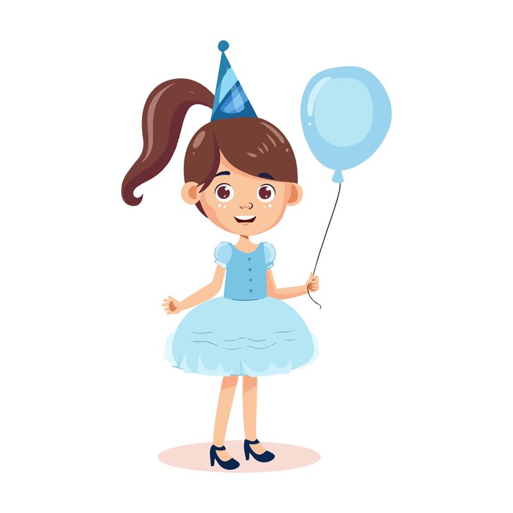 Vector una chica con un globo azul y un globo que dice "feliz cumpleaños"