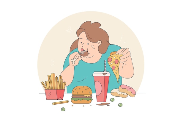 Vector chica gorda hambrienta y come comida chatarra en la mesa. esta imagen puede usarse para pizza.