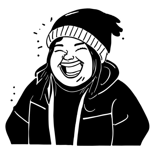 Chica gordita alegre con gorro de invierno dibujado a mano ilustración de concepto de icono de pegatina de dibujos animados