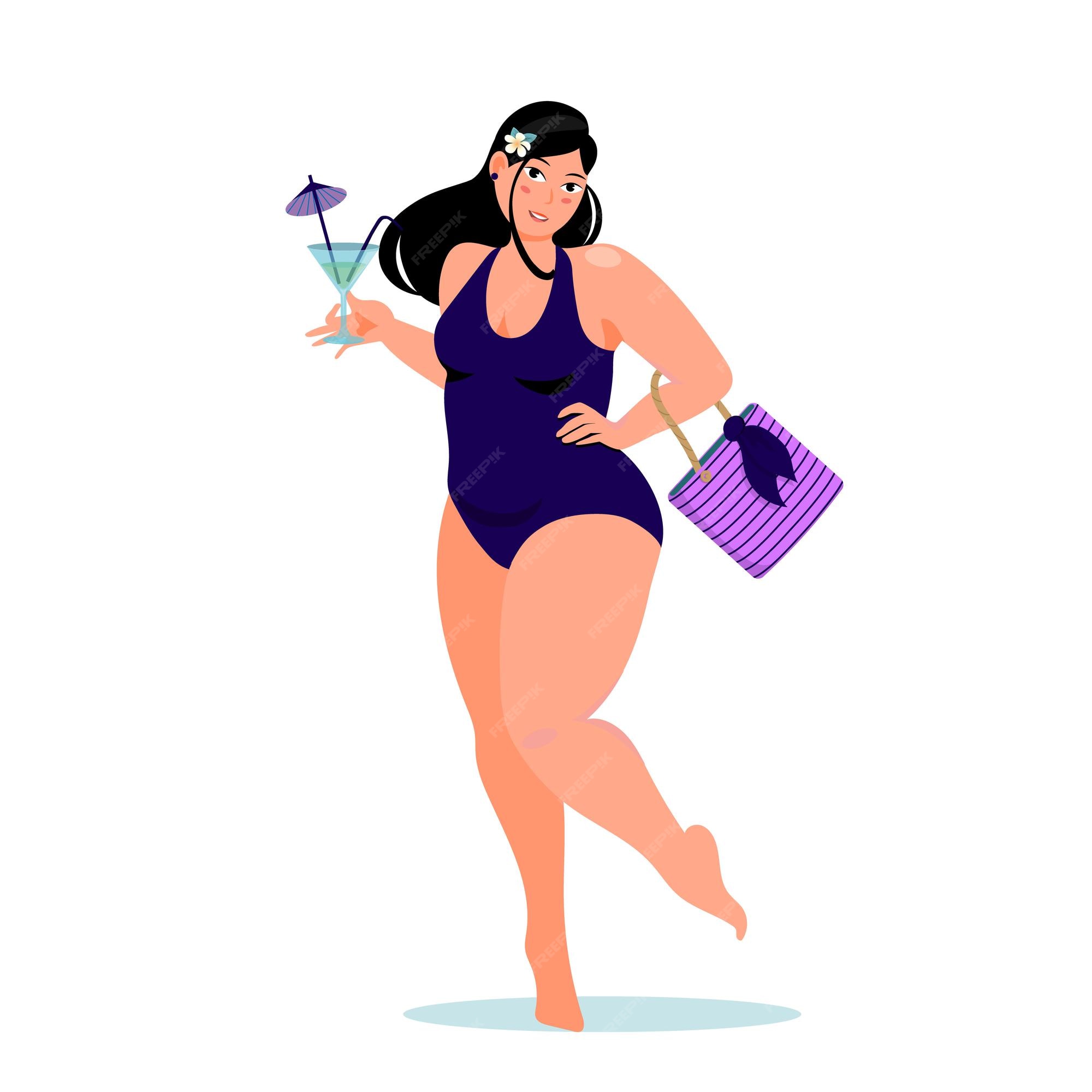 Chica gordita con cuerpo positivo en de baño con y un bolso. | Vector Premium