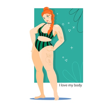Chica gordita con cuerpo en traje de baño. una grande con tatuajes en su cuerpo. | Vector Premium