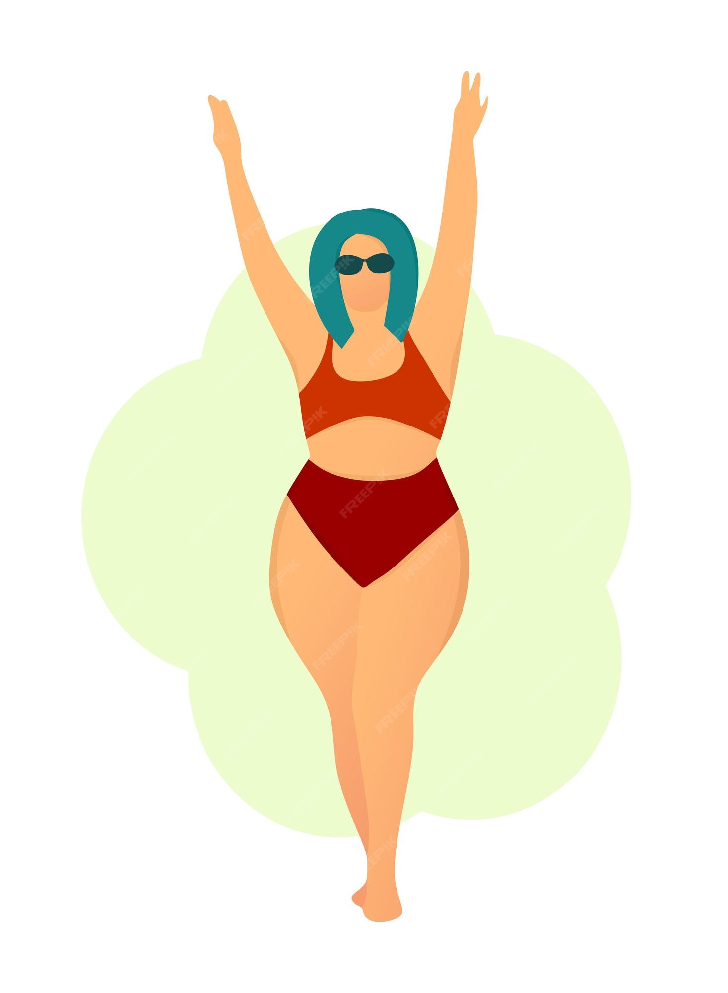 Chica gordita feliz en traje de baño rojo cuerpo es positivo tu cuerpo la playa aceptación | Vector Premium