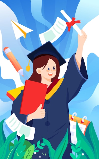 Chica se gradúa en un uniforme de licenciatura con libros y papeles en la ilustración de vector de fondo