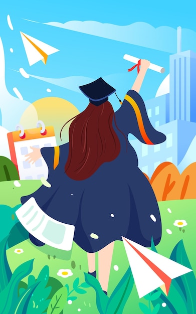Chica se gradúa en un uniforme de licenciatura con libros y papeles en la ilustración de vector de fondo