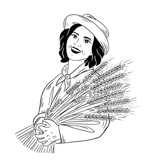 Chica granjera sonriente sosteniendo espigas de maíz de trigo en sus manos. Ilustración de vector.