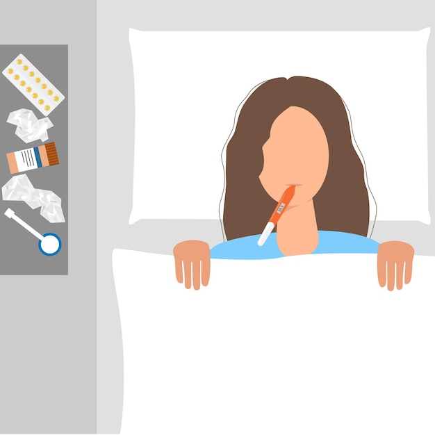 Chica gripa o resfriada en la cama con temperatura. Mujer fría estacional con medicamento. ilustración vectorial