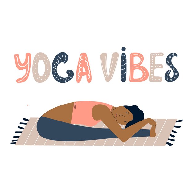 Chica guapa joven haciendo yoga en casa. Ilustración de vector de estilo plano. Letras de texto Yoga Vibes