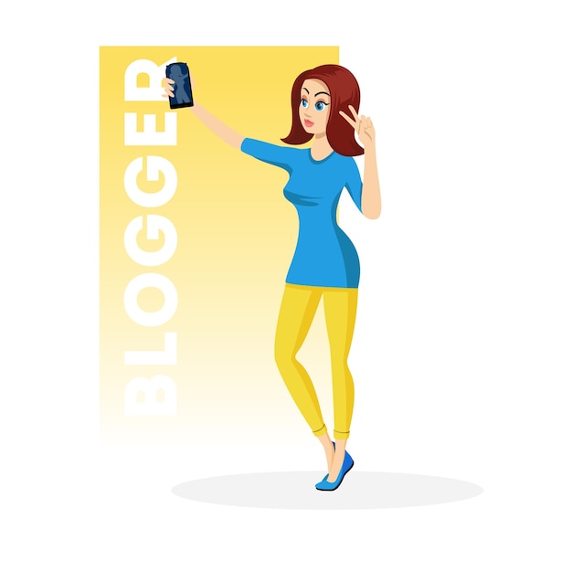 Vector chica guapa morena en mini vestido azul y leggins amarillos sosteniendo smartphone en mano y mostrando paz, gesto de victoria. blogger joven tomando selfie.