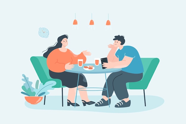 Chica hablando con socio distante mirando smartphone. pareja de dibujos animados en la mesa, amante que muestra indiferencia al ignorar la ilustración de vector plano de mujer. relación, concepto de familia infeliz para banner