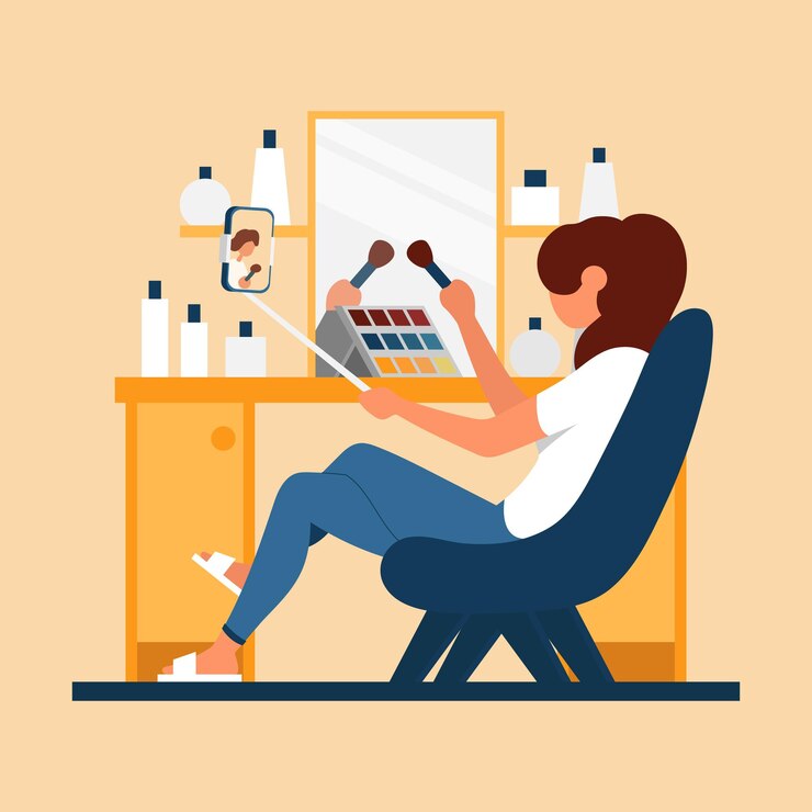 Vector chica hace maquillaje y dispara video teléfono color vector icono de dibujos animados plana concepto para blogger de belleza