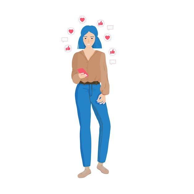 La chica hace un pedido de comida a domicilio o cosas, charlando. Chica con teléfono móvil, aplicaciones móviles, chats, mensajes, me gusta.