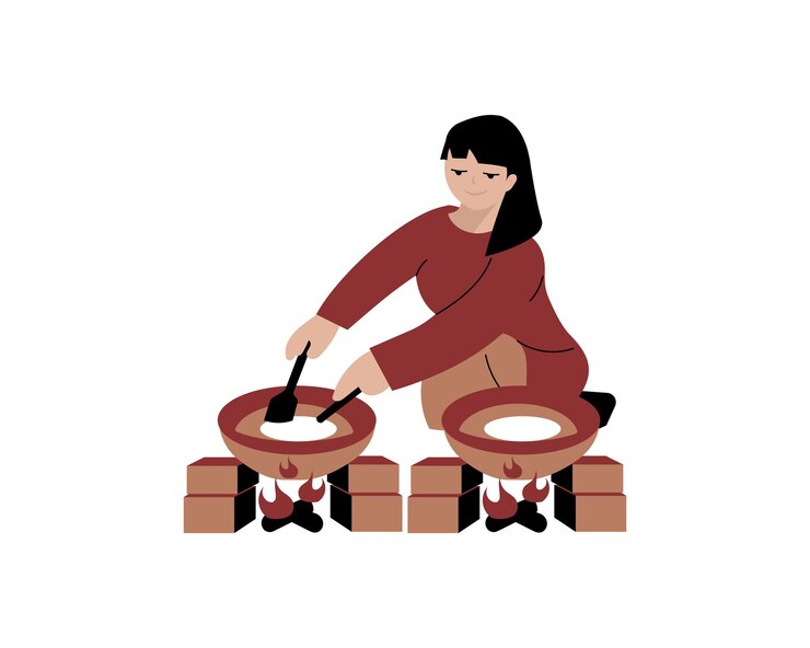 Vector una chica hace serabi o pastel de arroz de comida callejera asiática ilustración