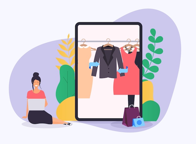 Chica hacer compras en línea desde la computadora portátil
