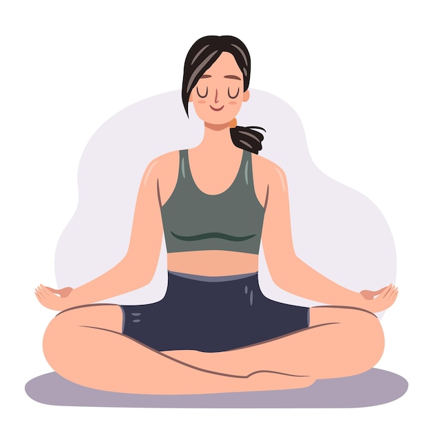 Chica haciendo pose de loto de yoga. Ilustración de vector de mujer meditando feliz.