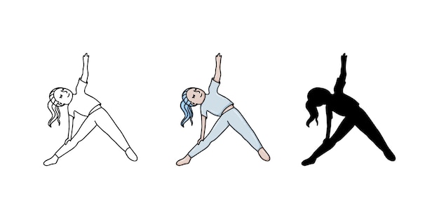 Chica haciendo yoga deporte estilo de vida saludable doodle dibujos animados lineales libro para colorear