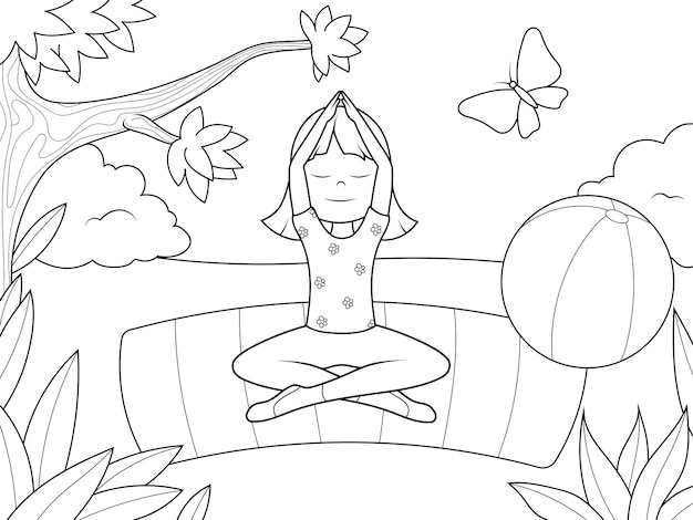 Vector chica está haciendo yoga en la naturaleza esquema de página de dibujos animados ilustración vectorial libro para colorear para niños