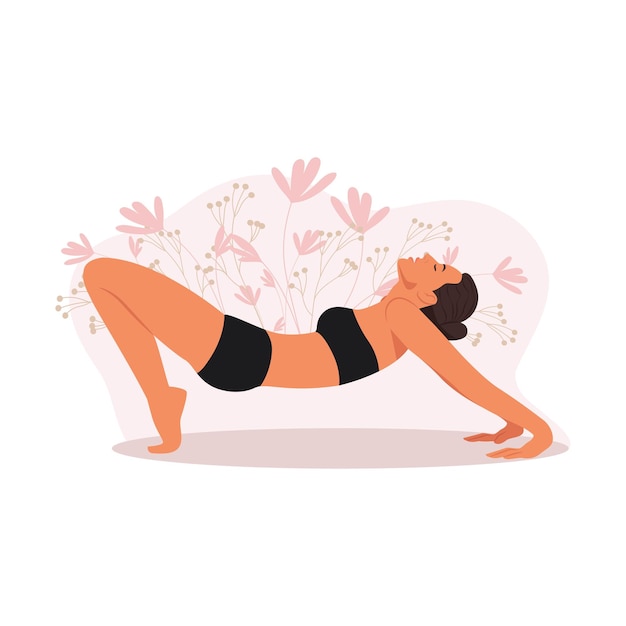 Chica haciendo yoga pose de yoga personajes femeninos ejercicios de meditación ilustración vectorial