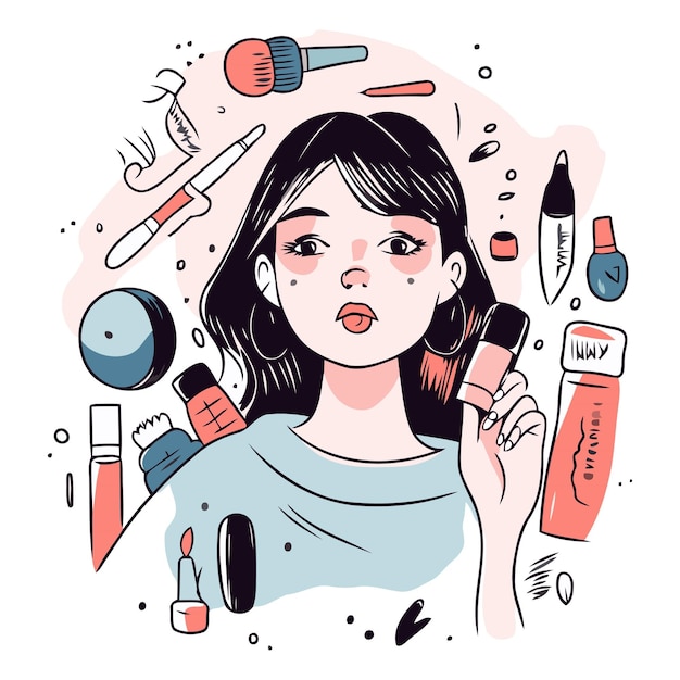 Una chica hermosa con cosméticos al estilo doodle