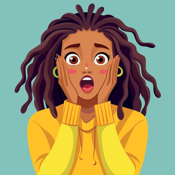 Vector una chica hermosa con dreadlocks y en un suéter amarillo brillante se sorprende mirando a la cámara un