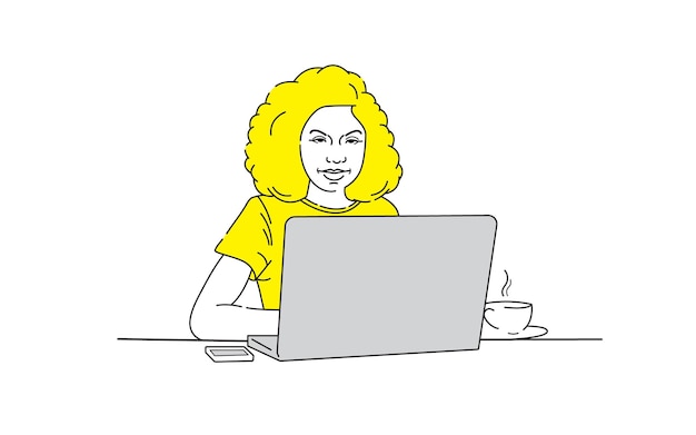 Una chica hermosa está trabajando en la oficina con una ilustración vectorial plana portátil