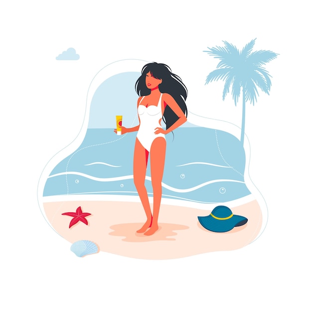 Chica hermosa mujer en la playa en traje de baño y con un protector solar en la mano junto al mar en la arena. bandera de viaje de gente de playa de mar, símbolo de vacaciones de verano. ilustración vectorial