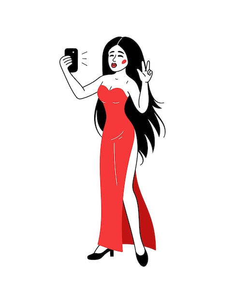 Chica hermosa mujer toma una ilustración vectorial selfie aislado sobre fondo blanco Diseño plano de estilo Doodle