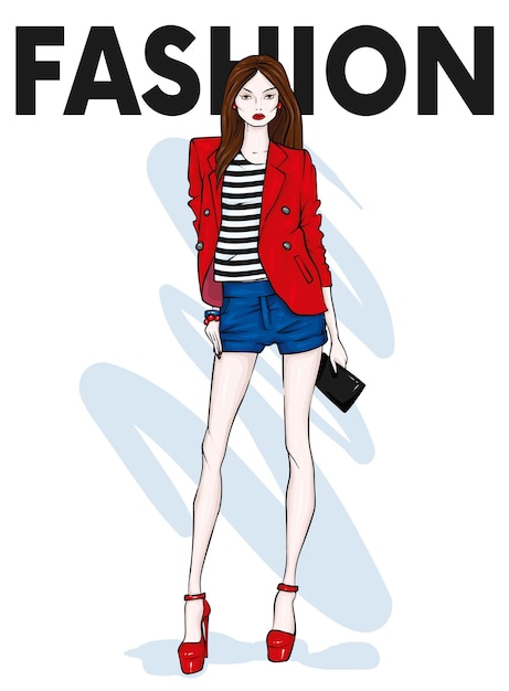 Chica hermosa con ropa elegante chaqueta de moda pantalones cortos bolsa y zapatos moda y estilo acc