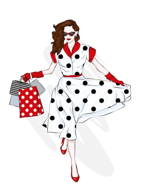 Vector una chica con un hermoso vestido vintage con bolsas de compras. ilustración vectorial