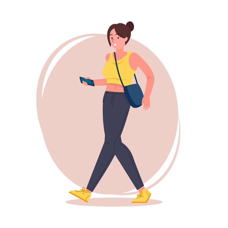 Vector chica hipster latina de dibujos animados caminando con teléfono inteligente en vaqueros zapatillas de deporte y bolsa de hombro