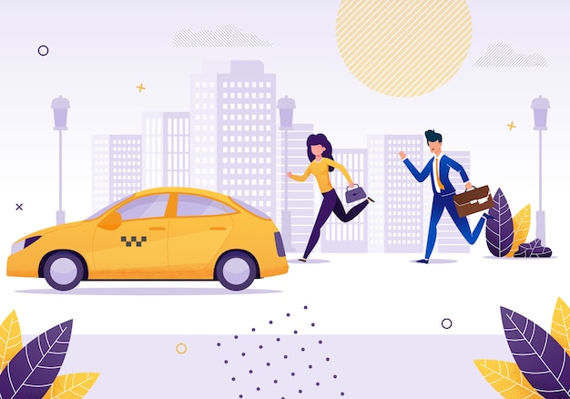 Chica y hombre de negocios corriendo para conseguir un taxi amarillo.