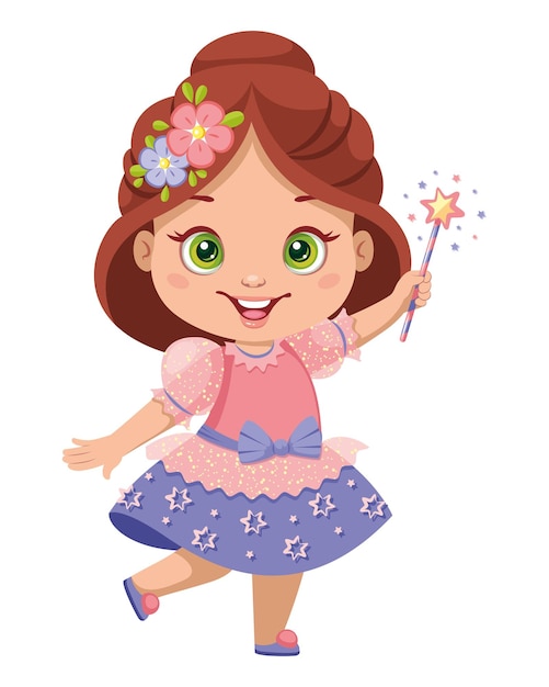 Chica con ilustración de vector de dibujos animados de varita mágica