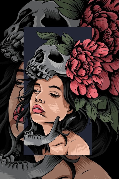 Chica con ilustración de vector de máscara de calavera