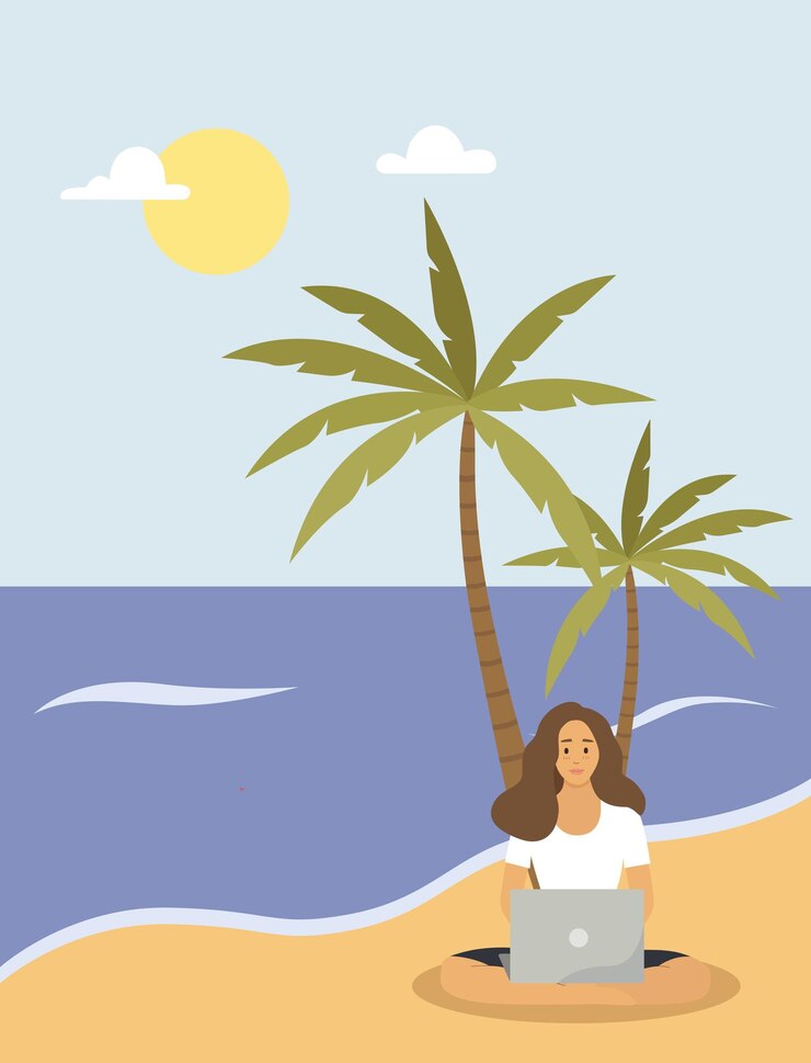 Vector chica independiente en la posición de loto se sienta en la playa descansando en el mar, trabajando en línea en una computadora portátil