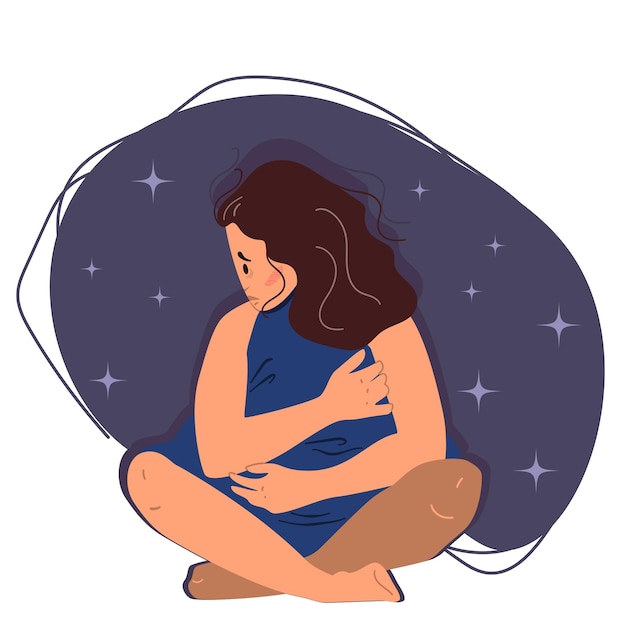 Chica insomne sentada en el suelo y abrazando la almohada. La mujer sufre de insomnio. Ilustración de vector plano en estilo de dibujos animados.