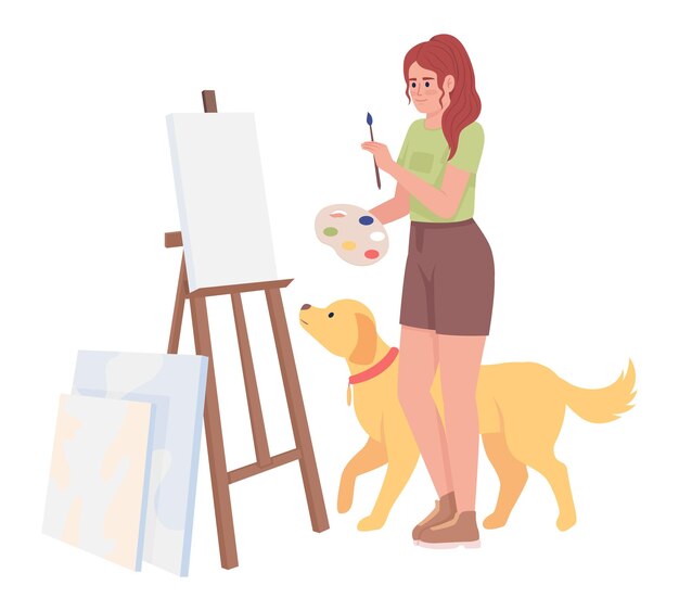 Chica inspirada con pintura de golden retriever en caballete de carácter vectorial de color semiplano