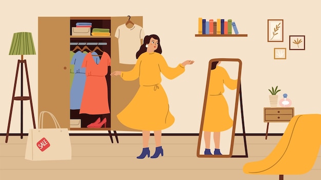 Chica intenta vestirse mujer comprando mujer en casa con ropa nueva carácter elegante de moda mira el espejo interior de la sala de estar ilustración vectorial