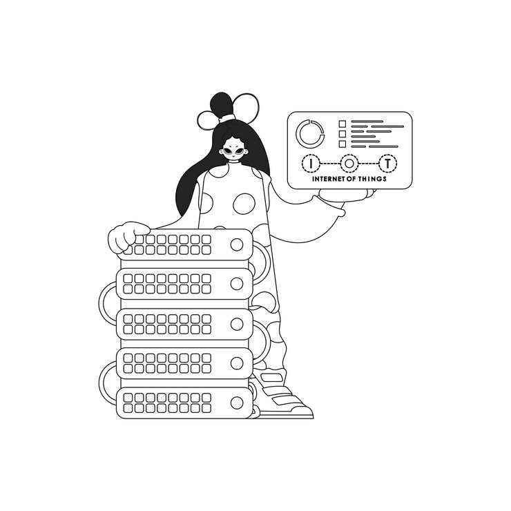 Vector chica interactúa con el servidor de almacenamiento en la nube para internet de las cosas en un estilo lineal vectorial
