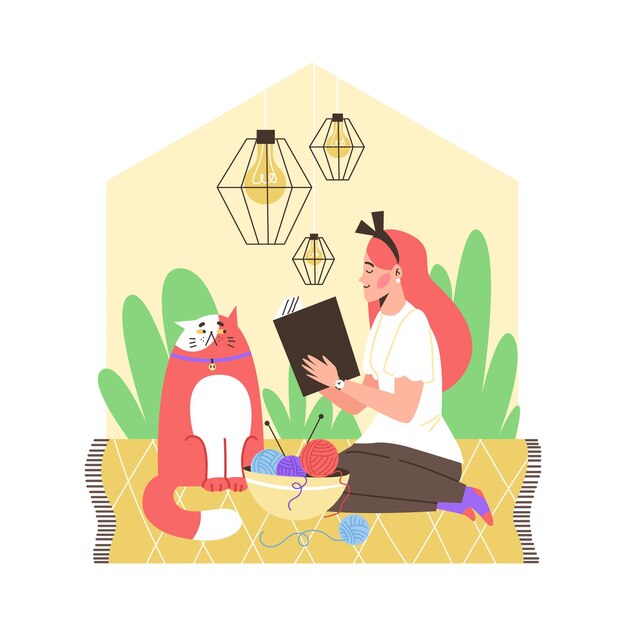 Chica introvertida sentada en el suelo con gato y libro de lectura solo en casa acogedora