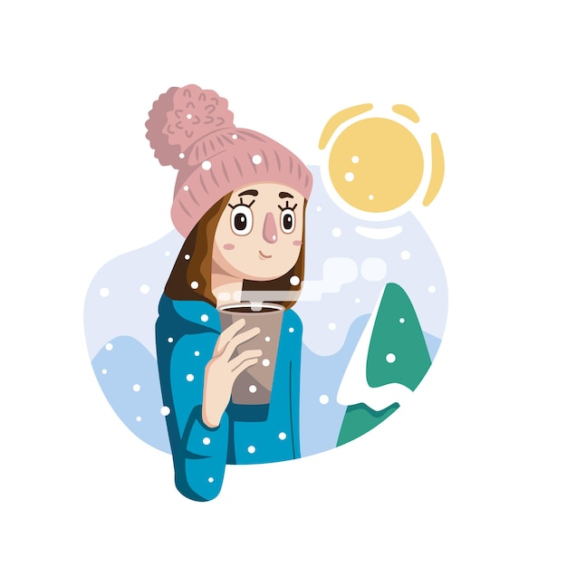 Chica en invierno sosteniendo una taza de café con fondo de invierno y nieve