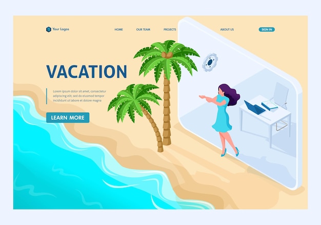 Chica isométrica va de la oficina a las vacaciones a través de una tableta página de inicio de plantilla de sitio web