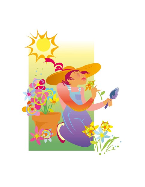 Chica jardinera se sienta de rodillas y cuida las flores ilustración vectorial en estilo plano