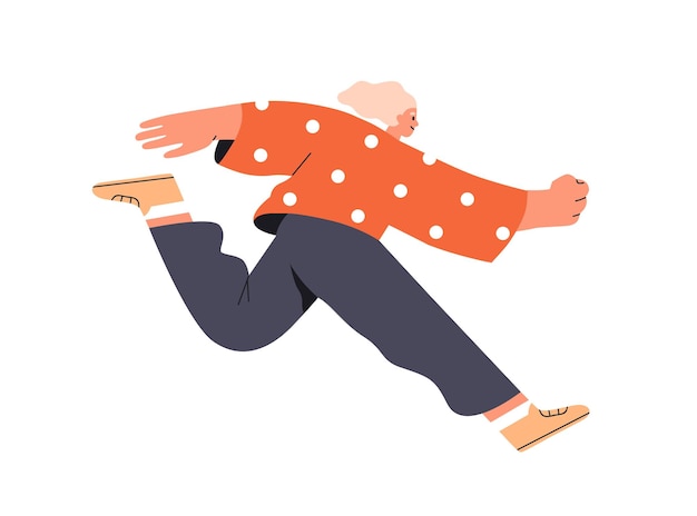 Chica joven activa rápida corriendo apresuradamente en negocios feliz emocionada enérgica ambiciosa mujer corriendo para apuntar entusiasmo concepto de energía ilustración vectorial plana aislada en fondo blanco
