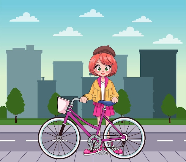 Chica joven adolescente en personaje de anime de bicicleta en la ilustración de la ciudad
