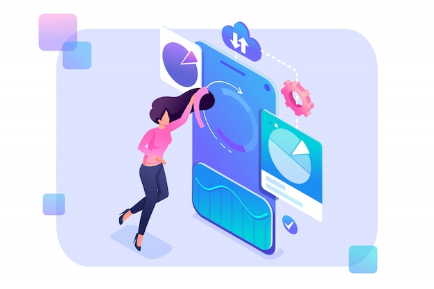 Chica joven ajusta tablas y gráficos en su teléfono inteligente. concepto de análisis de datos.