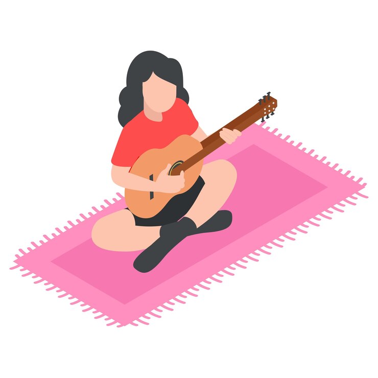 Vector chica joven atractiva está tocando la guitarra con notas de música concepto isométrico actividades de tiempo libre