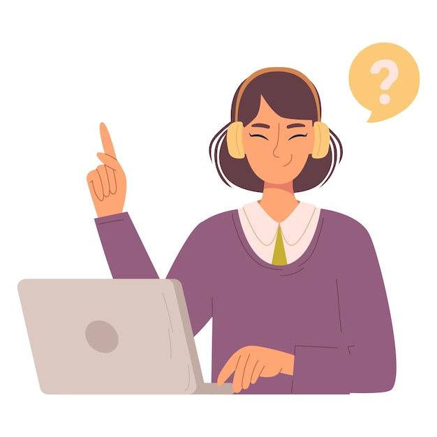 Chica joven con auriculares con portátil El operador de la línea directa de servicio al cliente aconseja