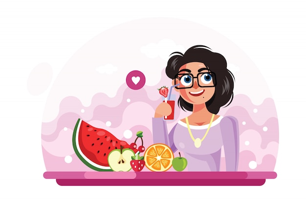 Chica joven bebiendo jugo ilustración vectorial