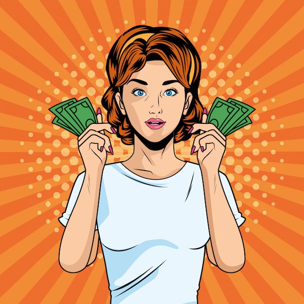 Vector chica joven con billetes de dólares estilo pop art